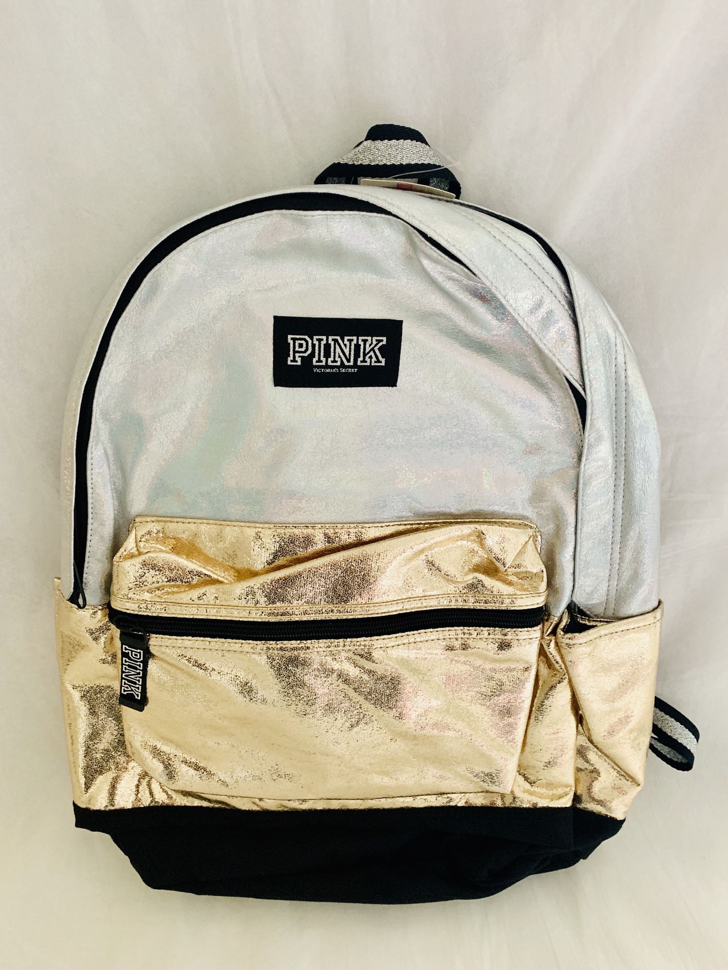 NWT Victorias Secret PINK BLING IRIDESCENT SILVER/GOLD SEQUIN CAMPUS BACKPACK