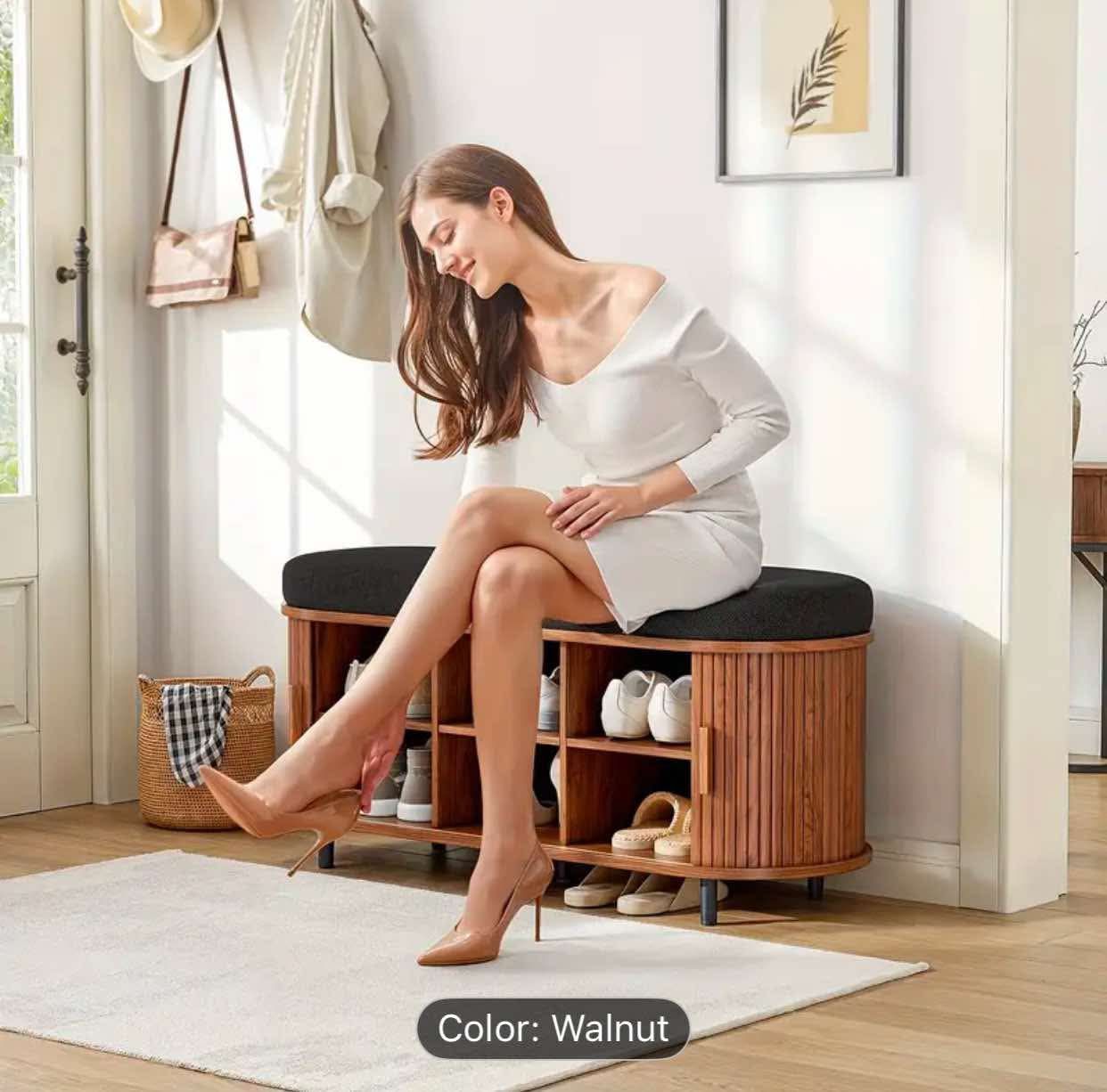 6 Pair Shoe Storage Bench With Sliding Tambour Door