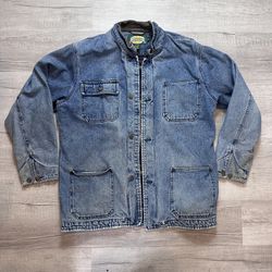 VTG Cabela's Jacket Men's Large Tall Blue Denim Chore Barn Flannel Lined Trucker