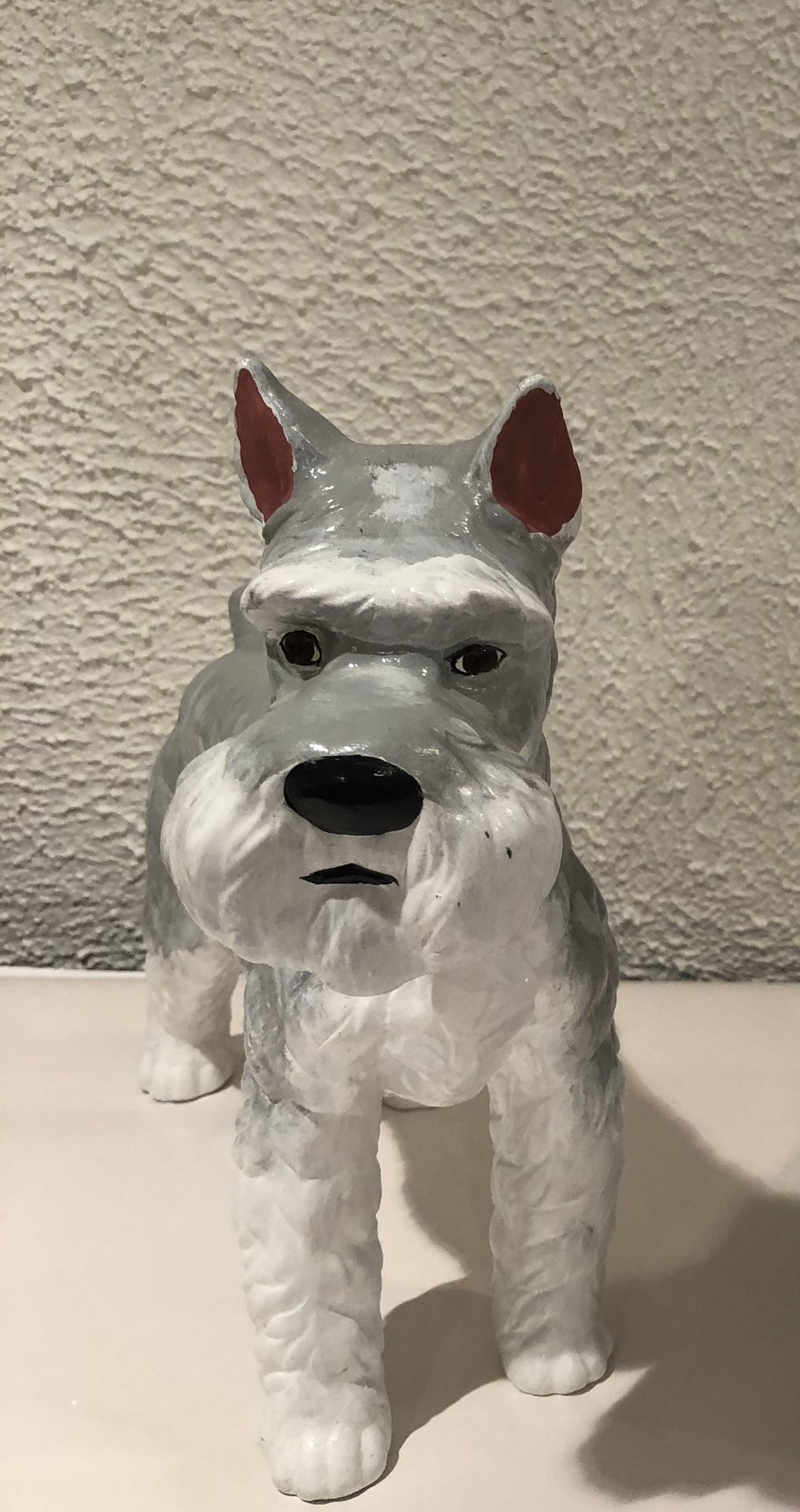 Large Ceramic Schnauzer Dog Figurine Gray And White The Height Between 10” And The Width 7” Wide If you see it here , it is available