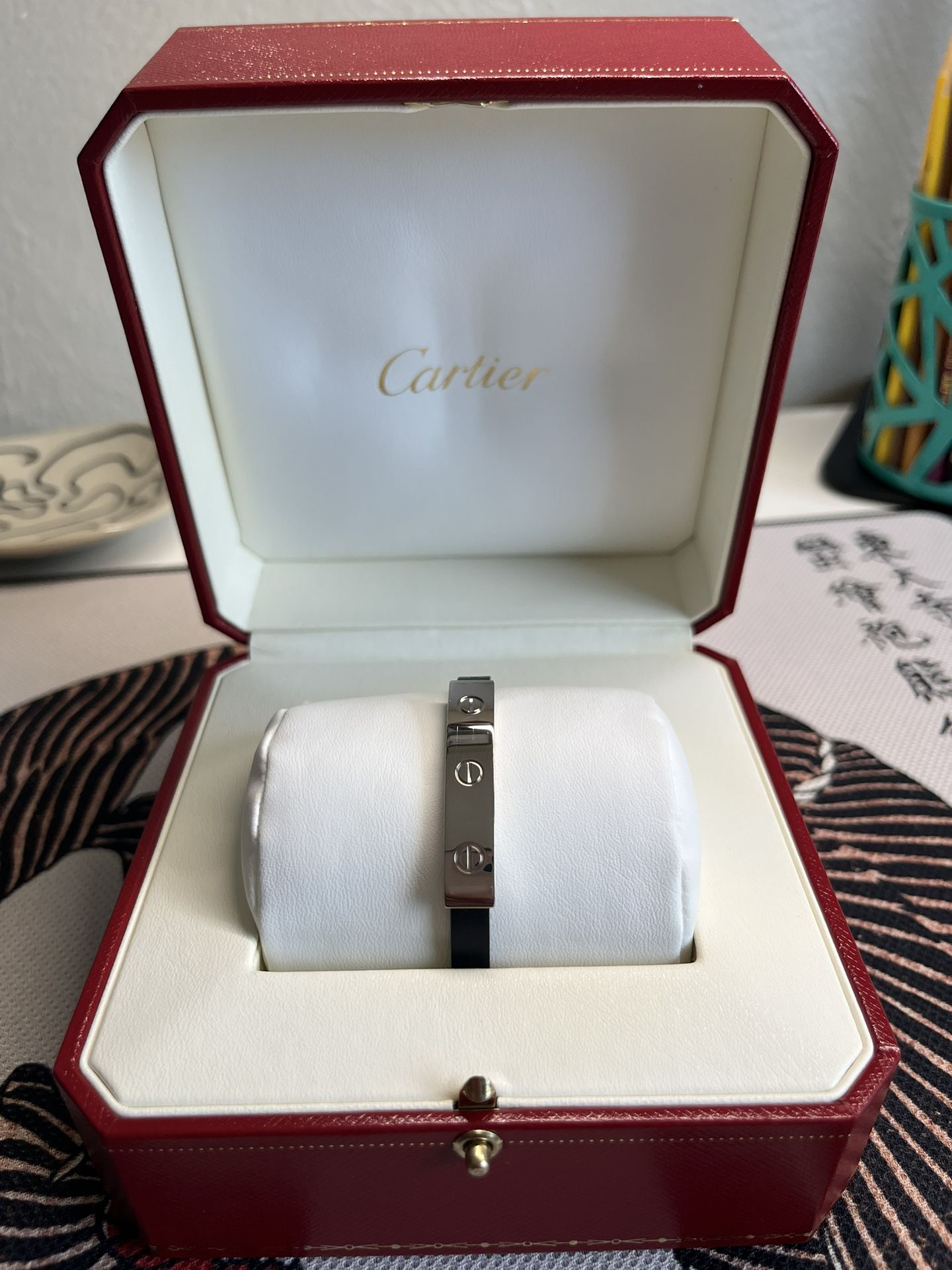 Cartier - LOVE Bracelet - White Gold and Black Leather