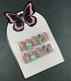 Short square press on nails bright teal green rhinestones acrylic flowers nude
