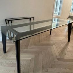 CB2 Harper Glass Dining Table with a Black Steel Base