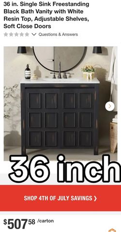36 in. Single Sink Freestanding Black Bath Vanity with White Resin Top, Adjustable Shelves, Soft Close Doors