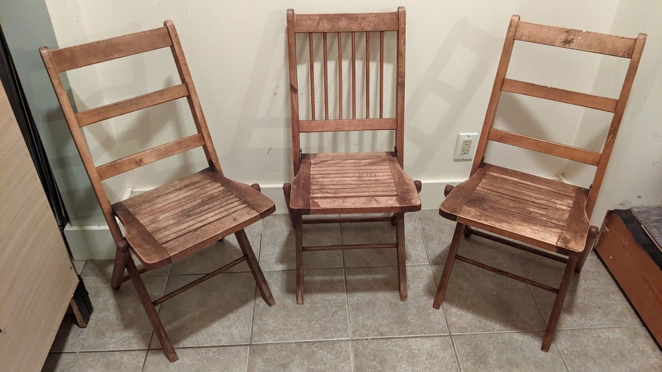 3 Wooden Antique Folding Chairs.