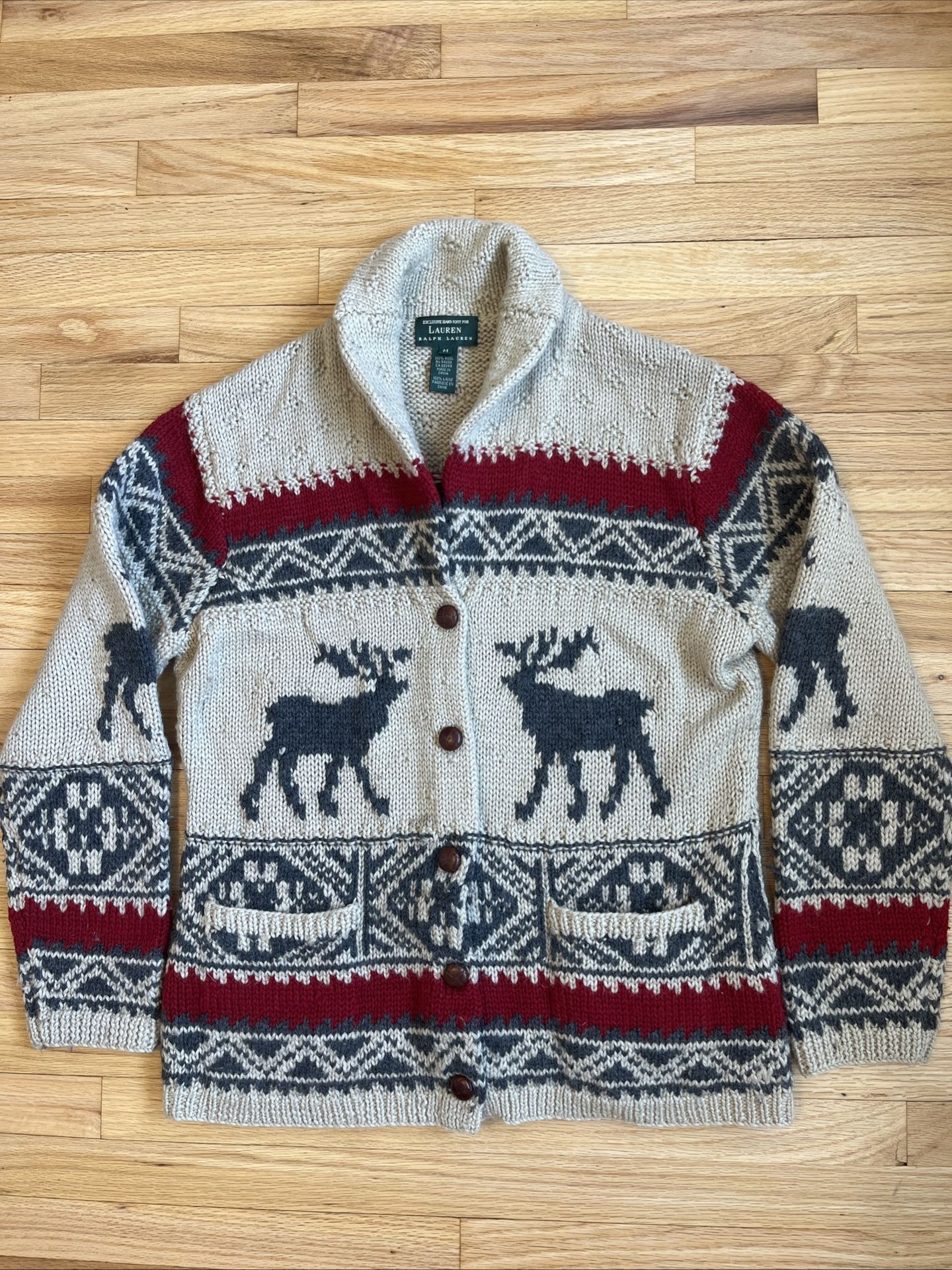 Vintage Lauren Ralph Lauren Cardigan Womens Large Deer Wool Hand Knit Ski Medium