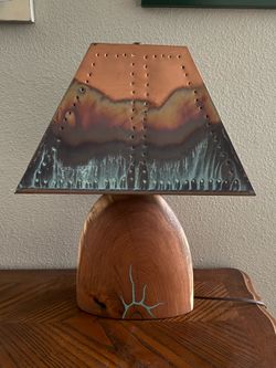 Rustic Mesquite Wood Table Lamp W/ Copper Shade Turquoise Inlay