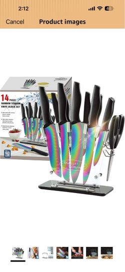 Marco Almond® Knife Block Set,14-Piece Rainbow Color Stainless Steel Knife Sets for Kitchen with block, KYA35 Chef Cooking Knives Set with Acrylic Sta