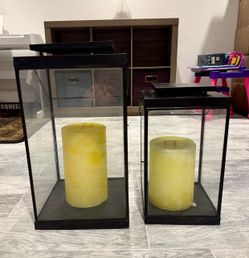 Set of 2 Black Metal Lanterns with Candles