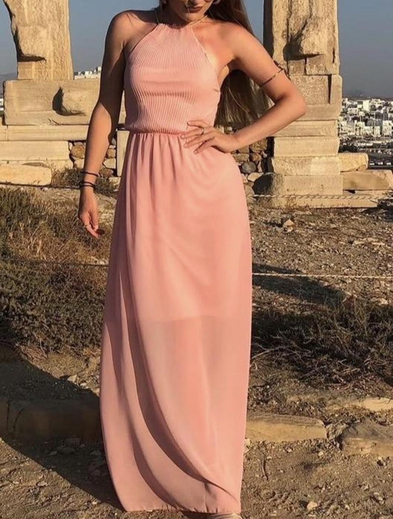 Blush Pink Halter Neck Maxi Dress In Ancient Greek/Roman Style