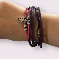 NEW Magnetic Cross Charm Bracelet Faux Leather Purple and Pink