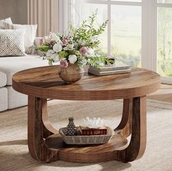 Round Cof fee Tabl e, 2-Tier Circle Coff ee Tabl e with Storage, Modern Wooden Accent Center Tabl e for Living Room, Thick Tabletop & Base, Dark Brown