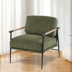 2PCS Green Accent Chair Set of 2 Chenille Mid Century Modern Armchair with Upholstered Soft Cushion for Living Room,Lounge,Bedroom,Wood-Grain Metal Ar