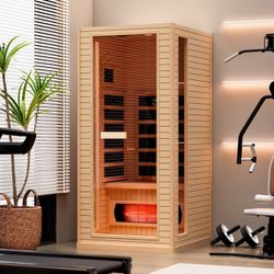 2369g $800 This small sauna fits easily into any area of your living space with its minimalist, modern design and attractive wooden hue. The transluce