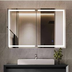Lighted Medicine Cabinet with Mirror, Wall Mounted Bathroom Mirror with Storage, 2 Doors Bathroom Wall Cabinet with LED Lights, 31.5'' x 23.6''