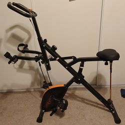 UREVO Folding Exercise Bike with Squat Machine, Magnetic Stationary Bike for Home with Resistance Bands, Foldable Cycling Bike with Adjustable Magneti