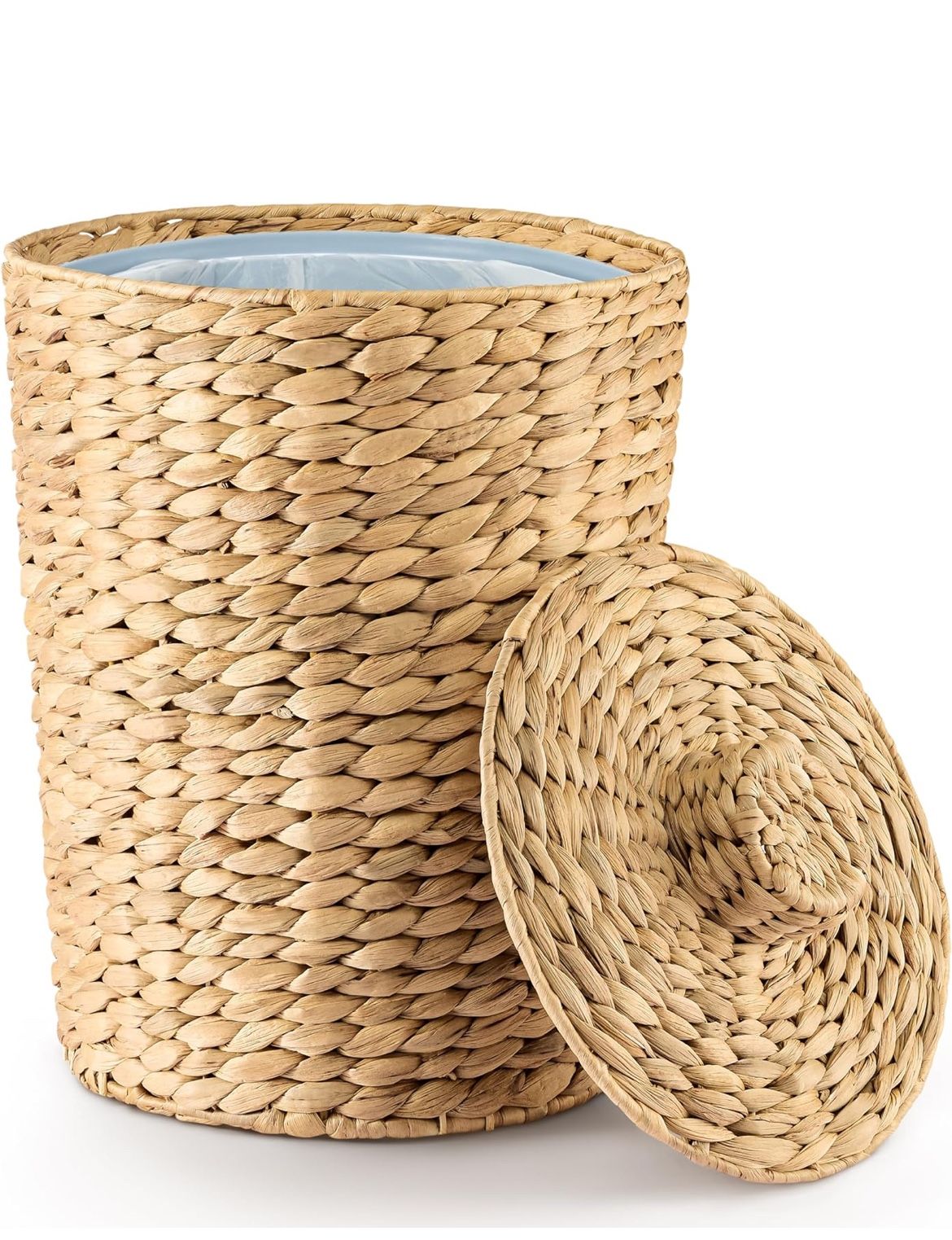 3 Gallons Wicker Woven Waste Basket with Lid - Water Hyacinth Trash Can for Office Garbage - Handwoven WasteBaskets for Bedroom, Bathroom, Kitchen, Li