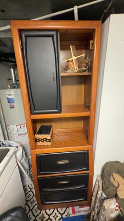Tall Wood Cabinet with Drawers and Shelves