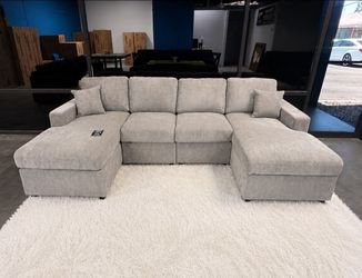 Brand New Fog Color Grey Corduroy Sectional Sofa w/Double Chaise (New In Box)
