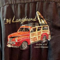 LUAU 100% silk Woody Surf Wagon Embroidered Shirt “'39 Longboard” 

