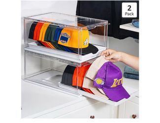 Vtopmart 2 Pack Stackable Baseball Caps Organizer, Each Holds 12 Hats with Sliding Drawer, Magnetic Door, Stackable, Transparent