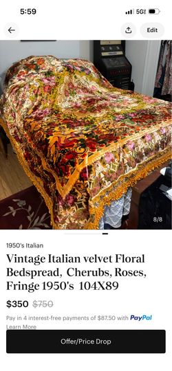 Vintage Italian Velvet  Floral Cherubs, Roses W/Fringe Bedspread 1950's