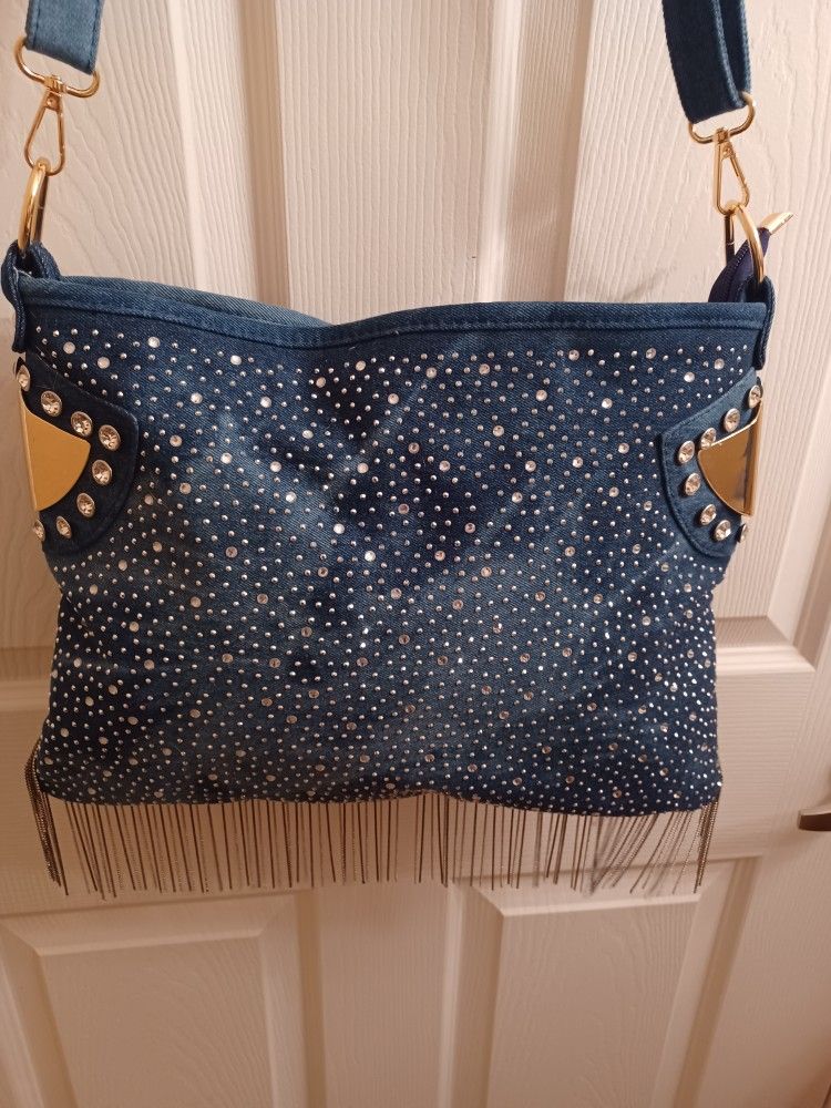 Denim And Rhinestone Shoulder/Hand And Crossbody Bag
