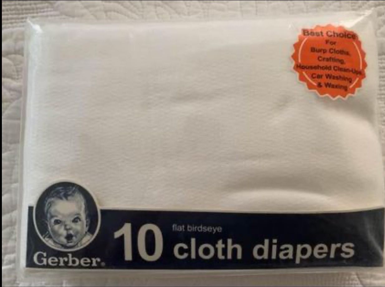 Pack of 10 Fabric baby  diapers, white cloth, Gerber brand.  New.