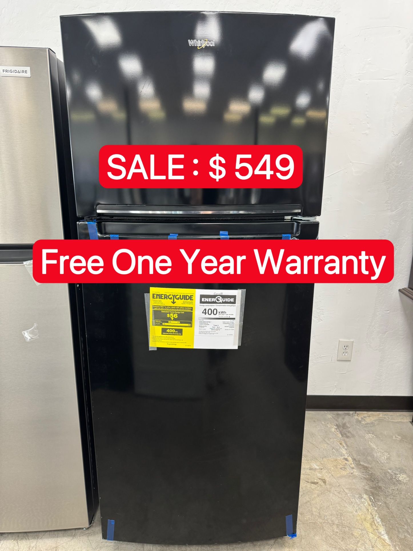 Whirlpool 18 cu.ft top freezer refrigerator-open box-Free One Year Warranty
