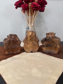 Vintage Hand Carved Wooden “Three Wise Monkeys”Mizaru, Kikazaru, Iwazaru 5” Tall