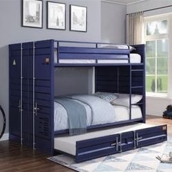 Brand New Industrial Blue Metal Full/Full Bunk Bed with Trundle