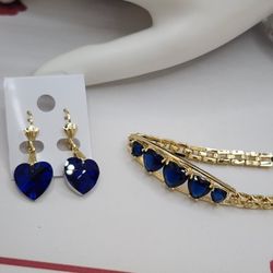 Bracelet With Earrings Set Blue Heart Gold-plated 
