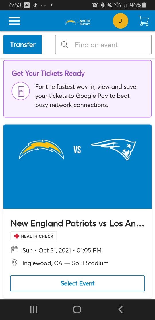 Patriots Vs Chargers. Section 539-45 Yard Line-2 Tickets 