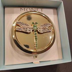 Monet Gold Tone Rhinestone Dragonfly Vintage Compact Mirror NIB