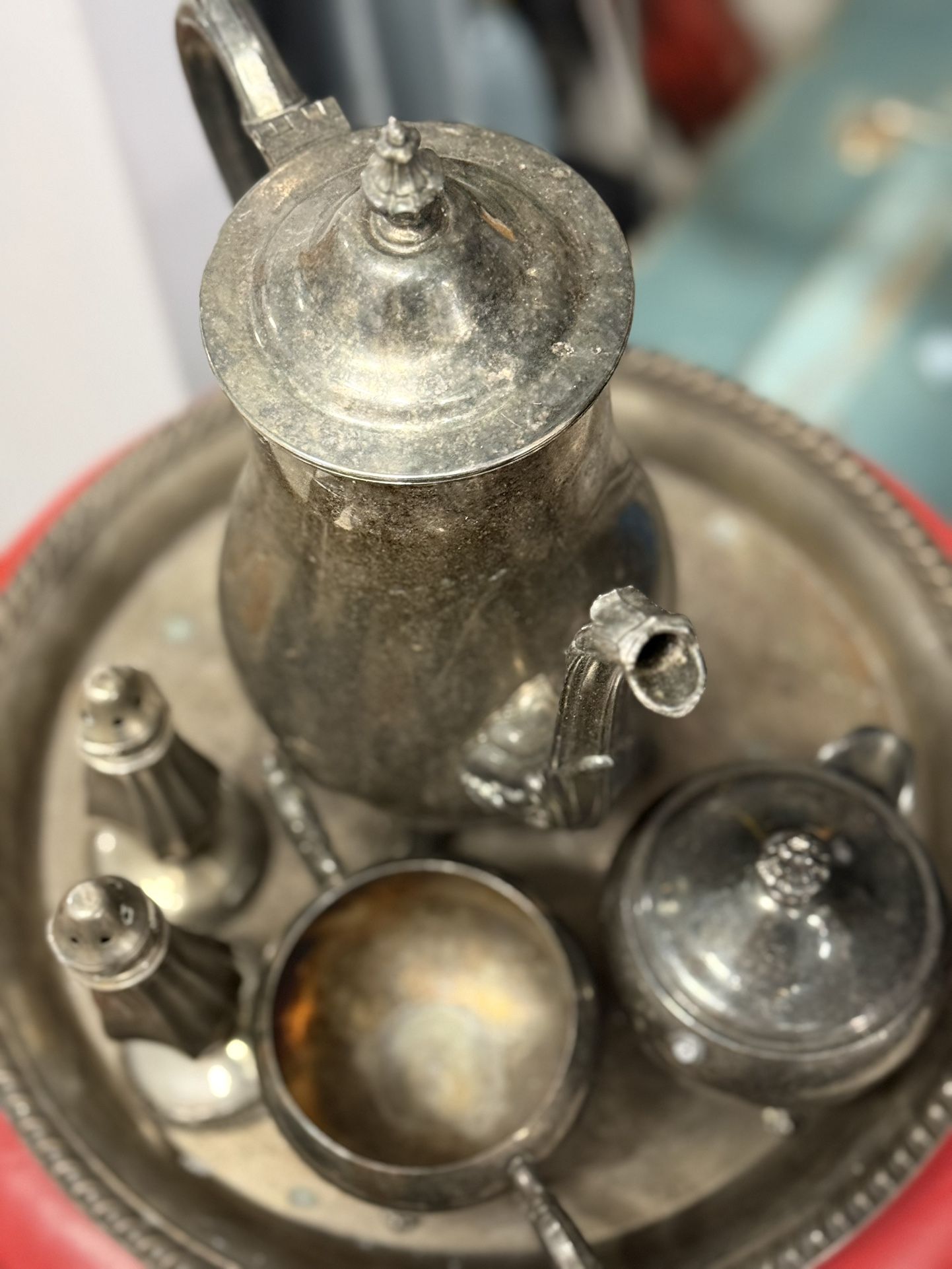 Antique Silver Tea Pot Tea Cups Salad Pepper Plus A Stand 