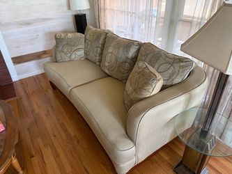 Beige Fabric Sofa with Accent Pillows