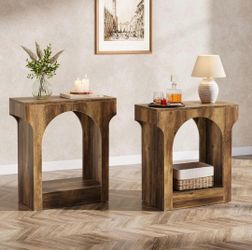 End Table Set of 2, Side Table with Storage Space for Living Room, Narrow Nightstand for Bedroom, Rustic Brown