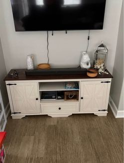 Farmhouse TV Stand / Entertainment Center – Antique White & Walnut – Fits 65” TV - 1 yr old. MOVING