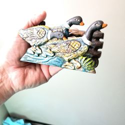 Vintage Cast Iron Mallard Ducks Letter Holder Hand Crafted And Painted