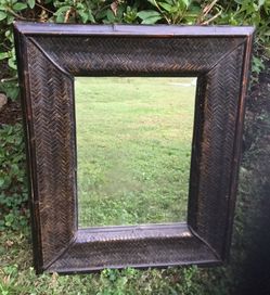 Large authentic wicker and wood framed mirror w/multiple hanging hardware, 26" x 31", also see my other offers