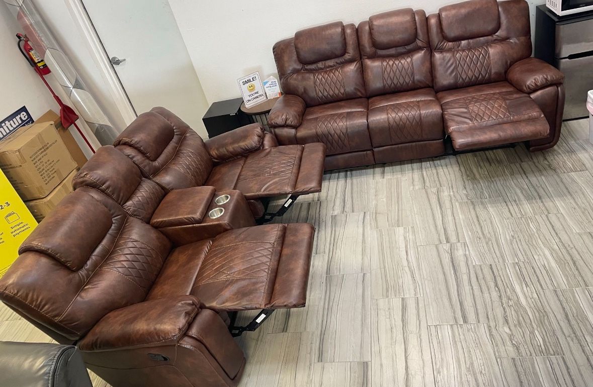 Going out of business sale. Santiago brown leather reclining sofa and love seats set now $1099. Easy finance option. Same day delivery.