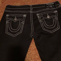 True Religion Ricky Relaxed Straight Jeans - Black w/ White Stitch - Size 40