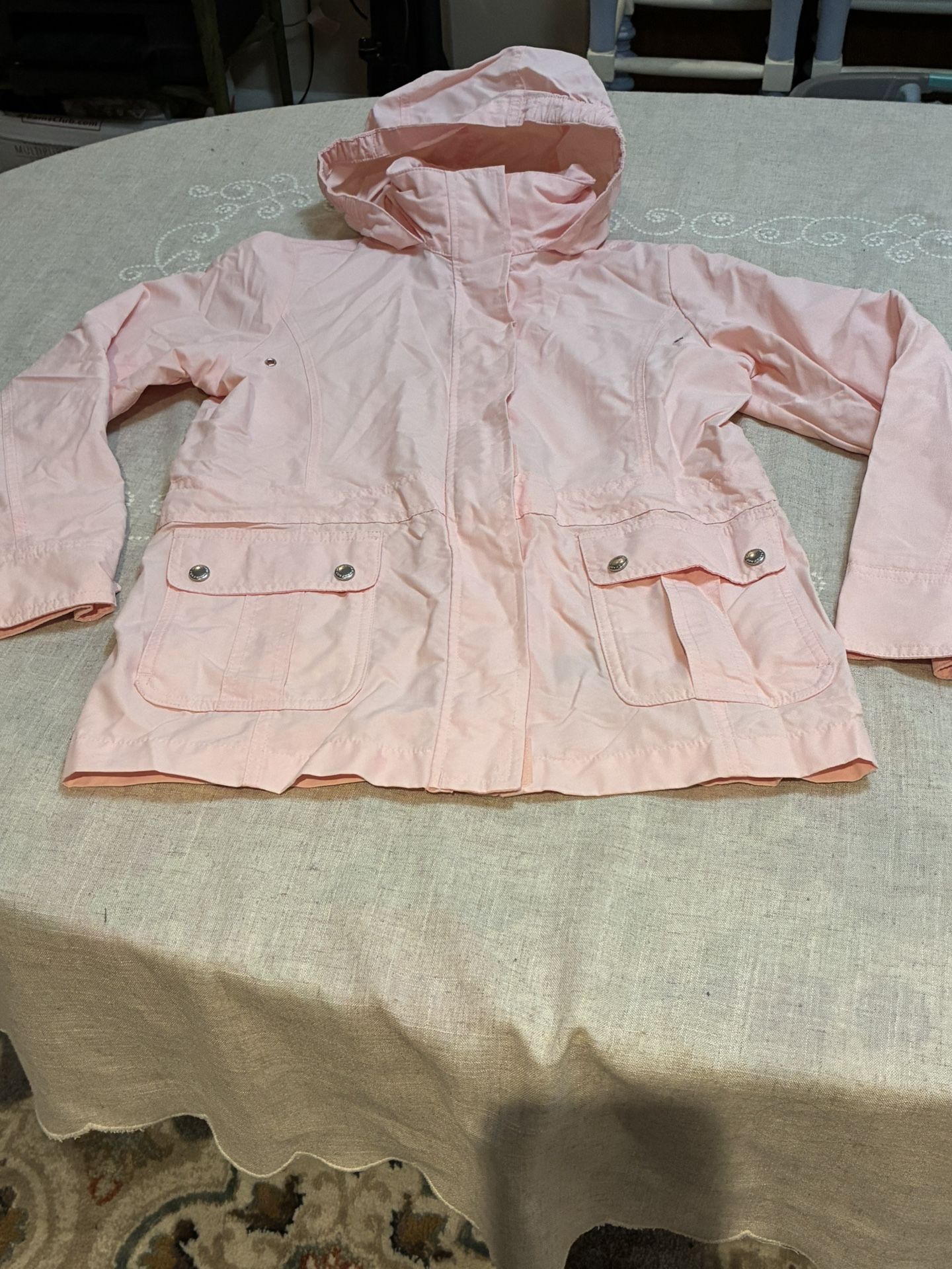 Lands End Girls Size 10/12 Pink Hooded Rain Jacket Windbreaker