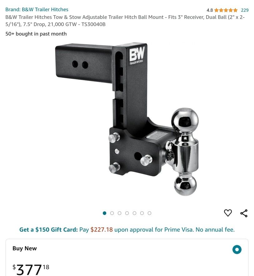 B&W Trailer Hitches Tow & Stow Adjustable Trailer Hitch Ball Mount - Fits 3" Receiver, Dual Ball (2" x 2-5/16"), 7.5" Drop, 21,000 GTW - TS30040B
