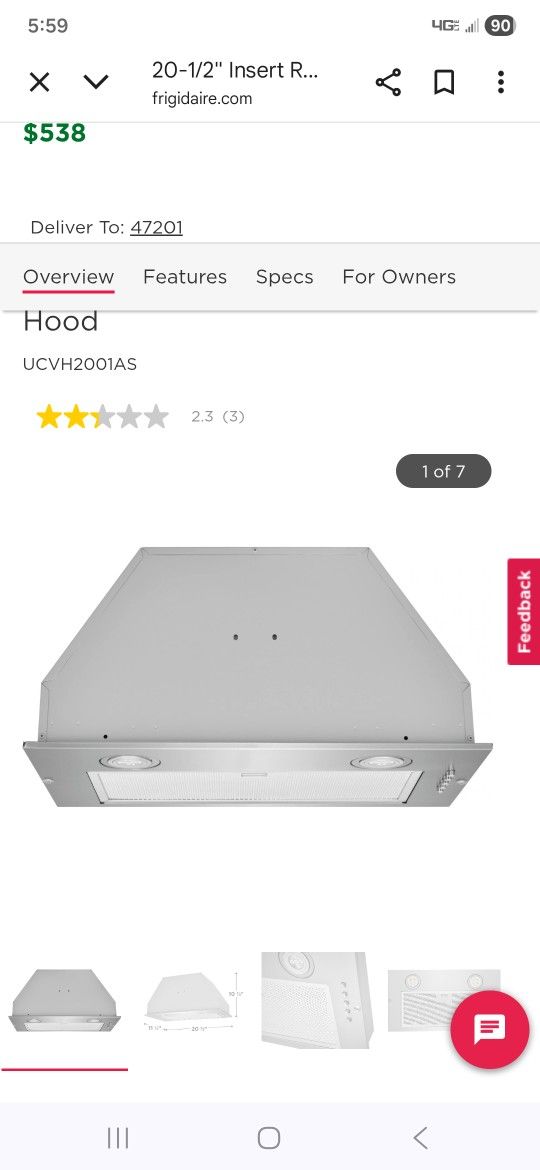 Frigidaire 20-1/2" Insert Range Hood
UCVH2001AS