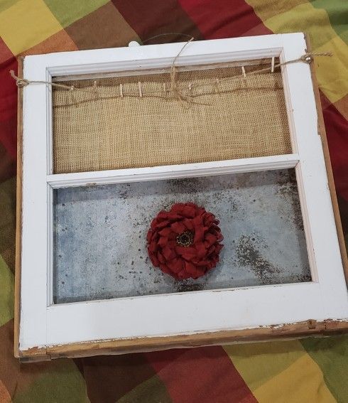 Farmhouse Style Upcycled Vintage Wooden Window Wall Decor 20in X 20in HEAVY! Wood Burlap & Tin 