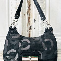 Coach Kristen Black & Metallic Silver Signature  Classic Small Flap Shoulder Bag