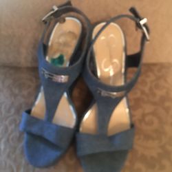 Blue Jean Denim Wedge High Heel Shoes 7.5