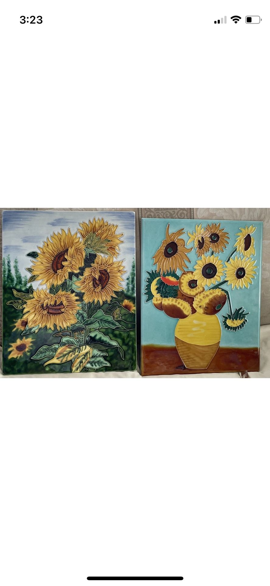 2X Vtg LARGE Decorative Ceramic Hanging  Tile Yellow Sunflowers Van Gogh Plaque