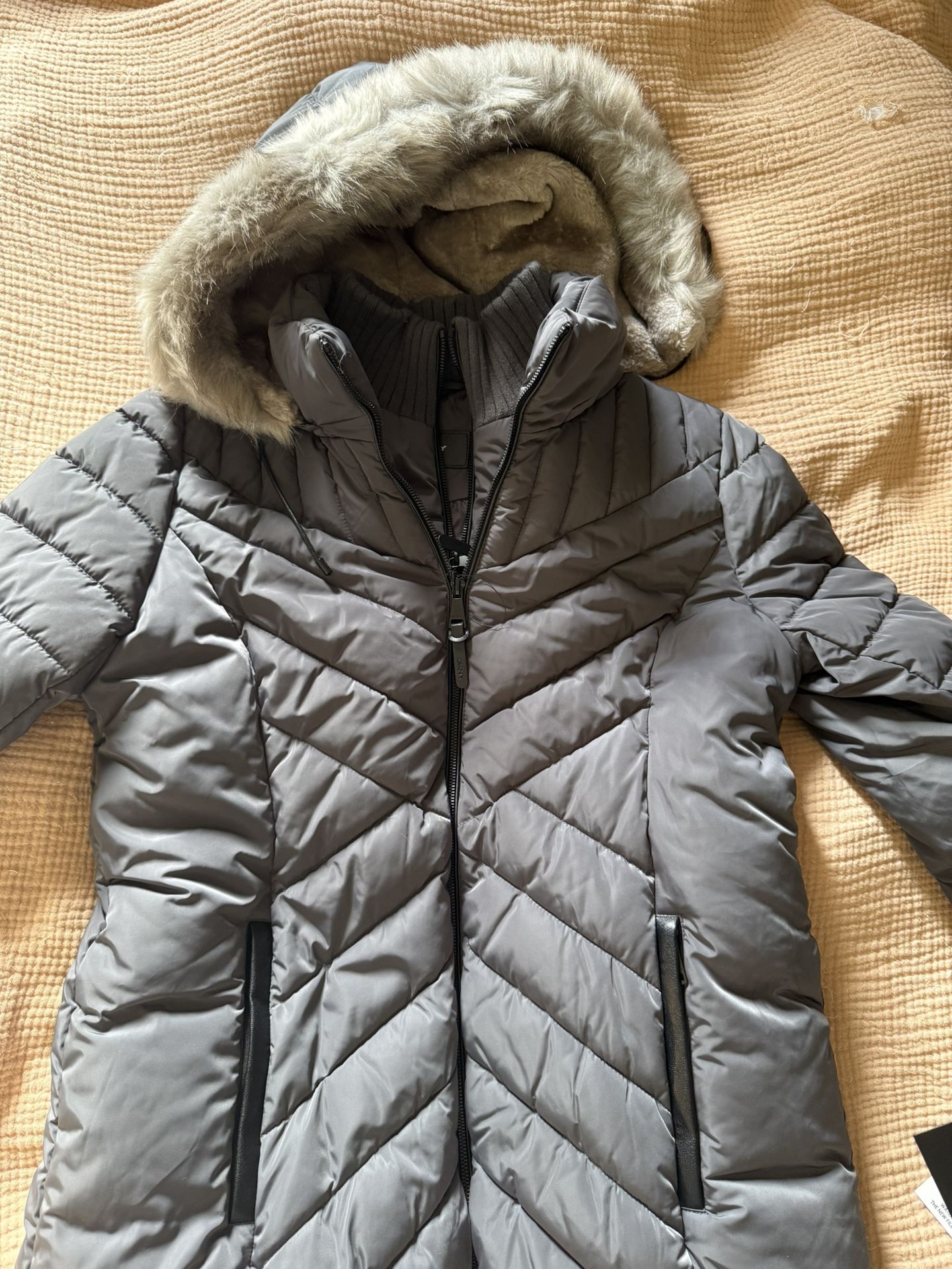 DKNY Heavy Water Resistant Winter Coat With Faux Fur Trimmed Removable Hood